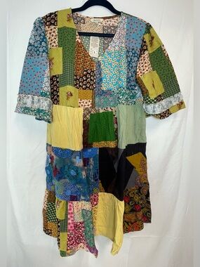 Yak N Yeti Patchwork Floral Boho Dress in Mixed Greens & Blues Size Large